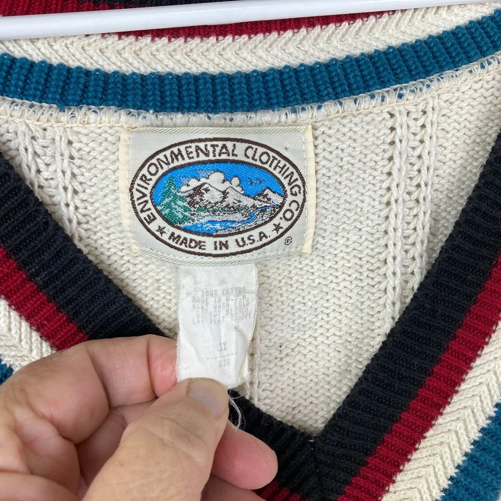 Vintage V-Neck Tennis Sweater Mens 3XL Cream‎ USA Cable Knit Striped Preppy